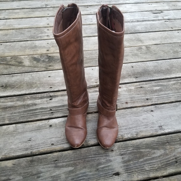 Y2k Not Rated Brown Faux Vegan Leather Exposed Zipper Stud Rhinestone Tall Boots - Picture 2 of 10